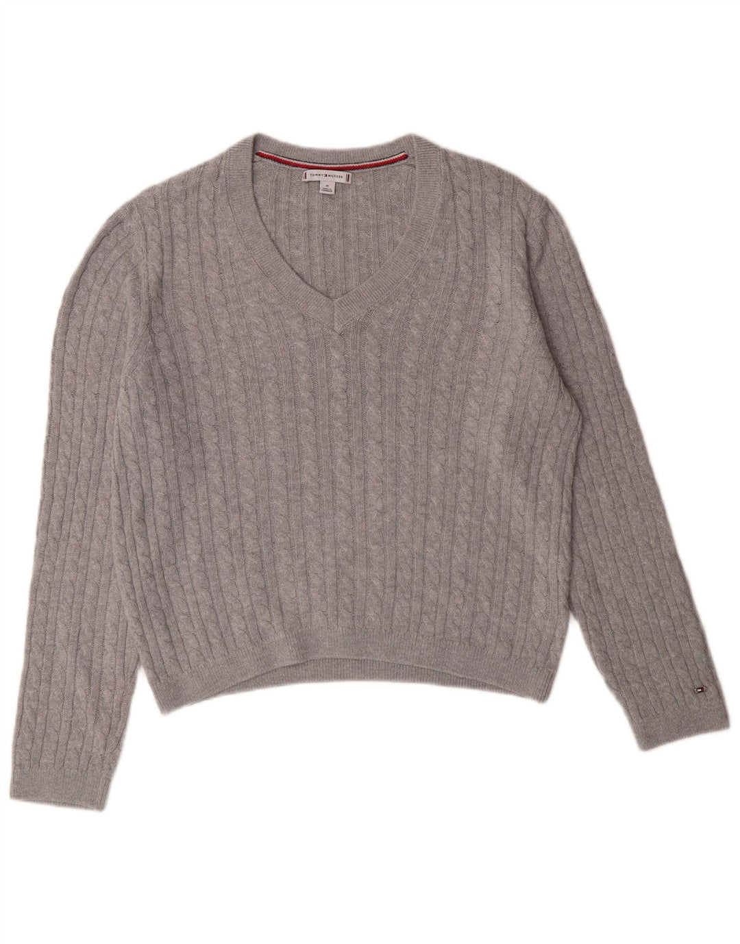 TOMMY HILFIGER Pull col en V pour femme UK 12 Nylon gris moyen