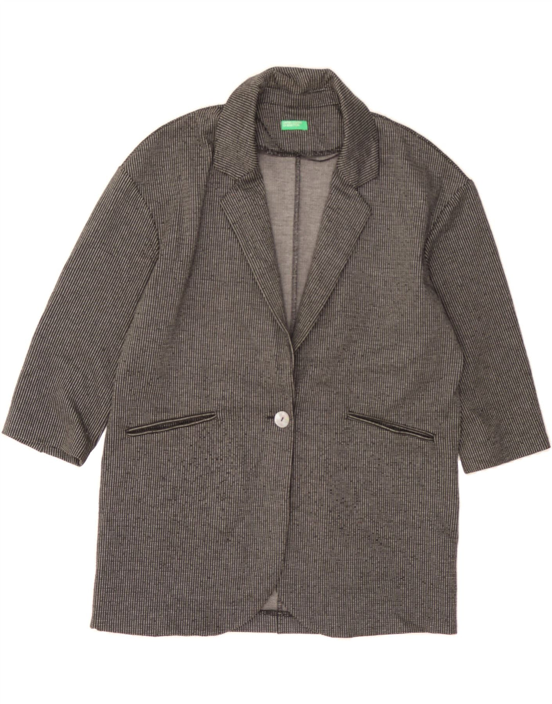 BENETTON Womens 3/4 Sleeve Blazer Jacket UK 14 Medium Grey Pinstripe Vintage Benetton and Second-Hand Benetton from Messina Hembry 