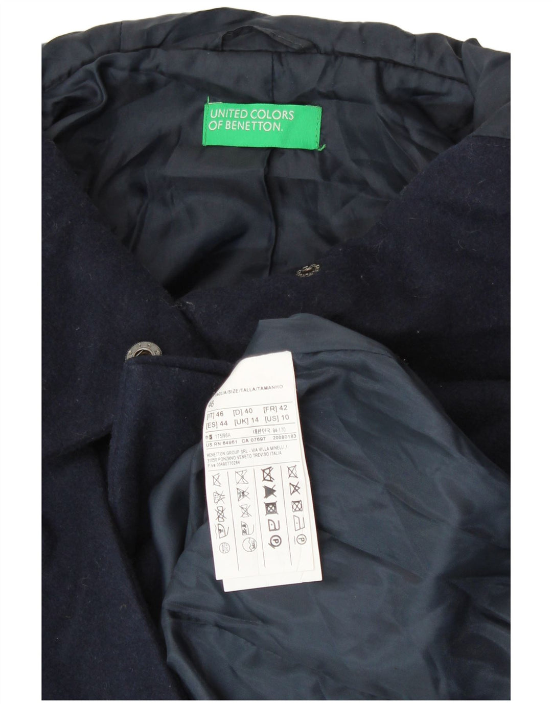 BENETTON Duffle Coat à capuche pour femme UK 14 Large Bleu Marine Laine
