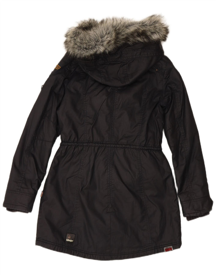 KHUJO Womens Hooded Parka Jacket UK 14 Medium Navy Blue Cotton