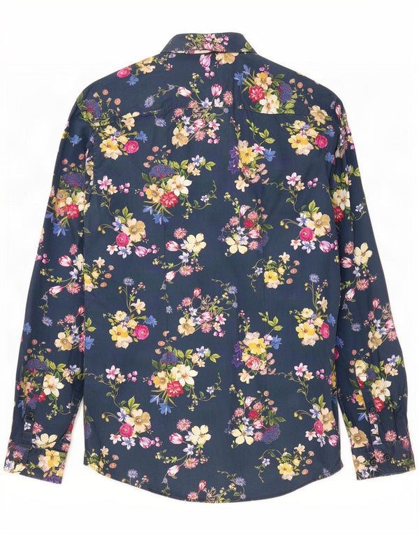 Angelo Litrico Chemise Slim Fit Homme Taille 37/38 Petit Coton Floral Bleu Marine