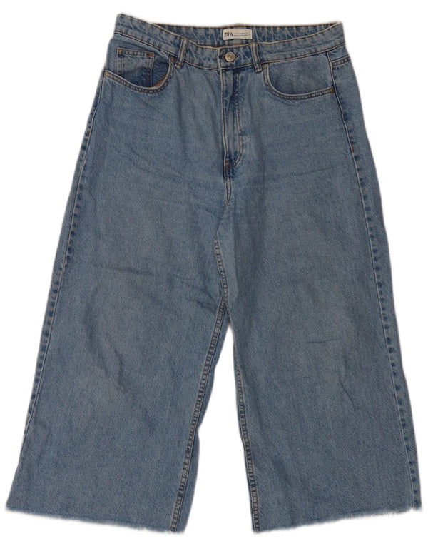 Zara Jean Capri Taille Haute Jambe Large Femme EU 42 Large W32 L22 Bleu Coton