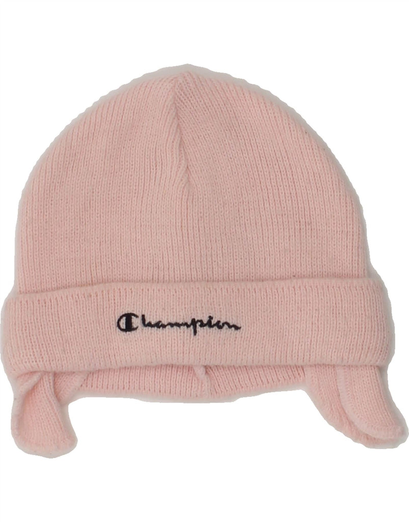 CHAMPION Baby Girls Ear Flap Beanie Hat 9-12 Months Pink Acrylic Vintage Champion and Second-Hand Champion from Messina Hembry 