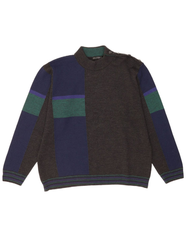 vintage Mens Turtle Neck Jumper Sweater IT 52 Grande laine colorblock gris