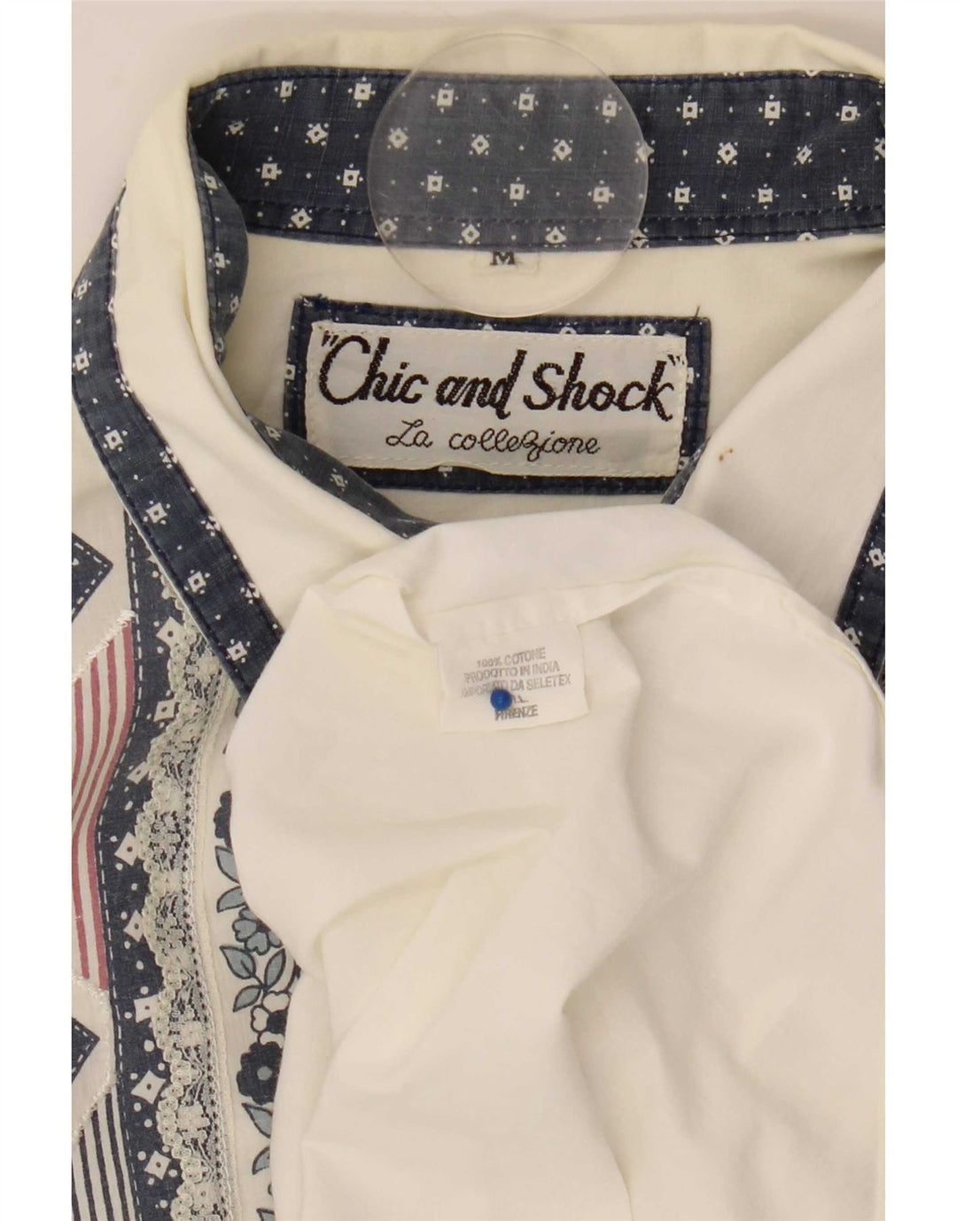 Chemise vintage féminine oversize UK 14 Medium Blanche à motif géométrique en coton