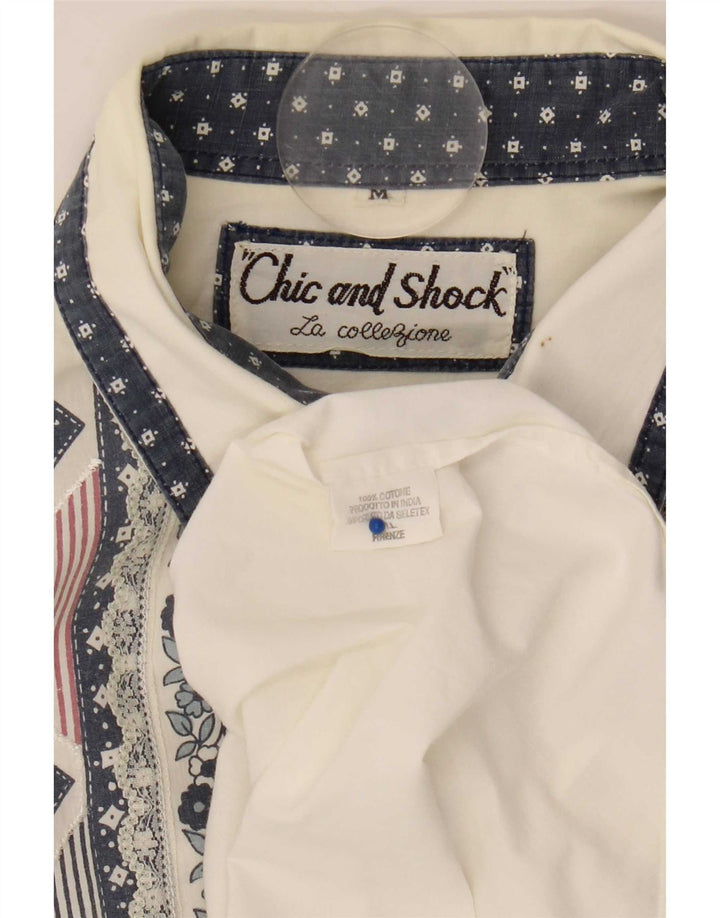 Chemise vintage féminine oversize UK 14 Medium Blanche à motif géométrique en coton