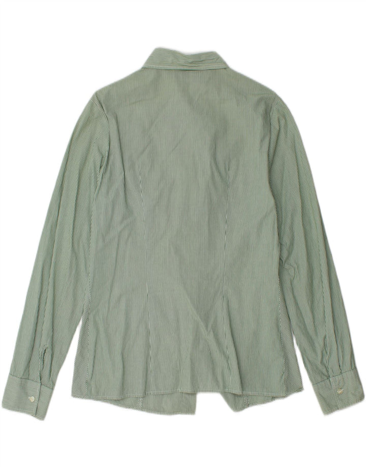 BENETTON Womens Ruffle Front Shirt UK 12 Medium Green Pinstripe Vintage Benetton and Second-Hand Benetton from Messina Hembry 