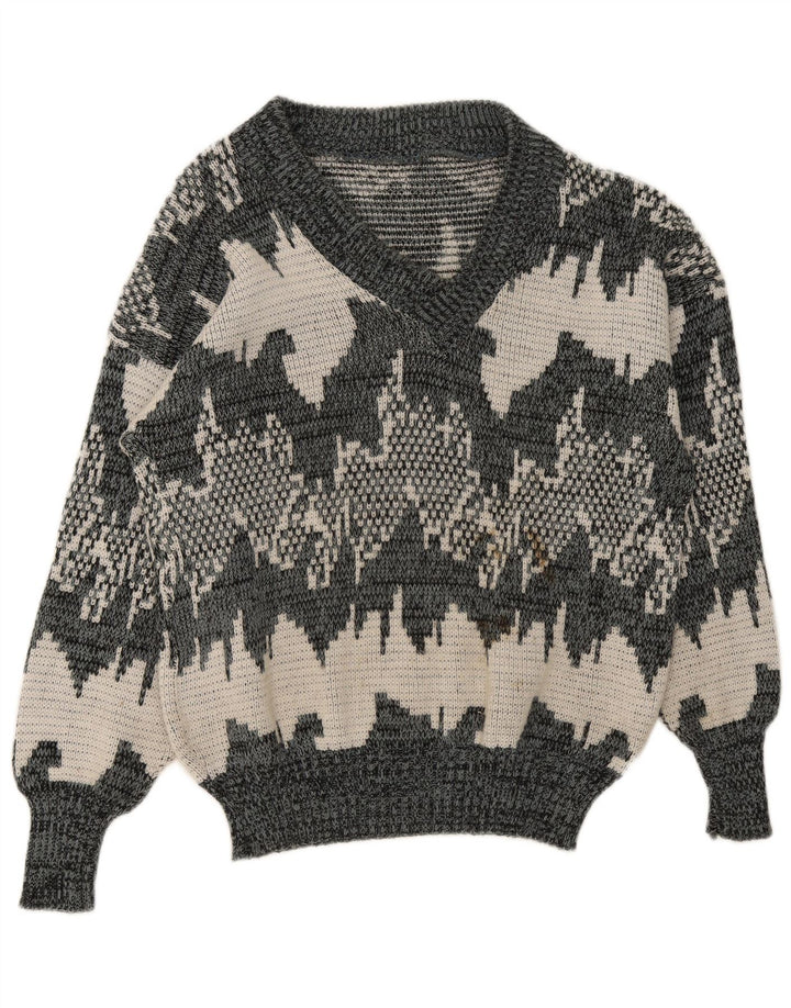 Vintage homme motif abstrait col en V pull pull gris moyen géométrique