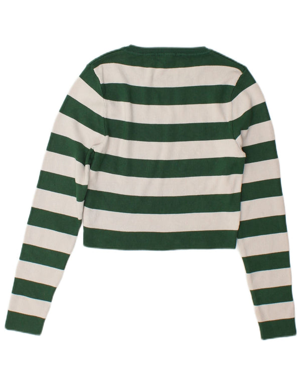 Zara Womens Crop Top Long Sleeve UK 12 Medium Green Striped Viscose
