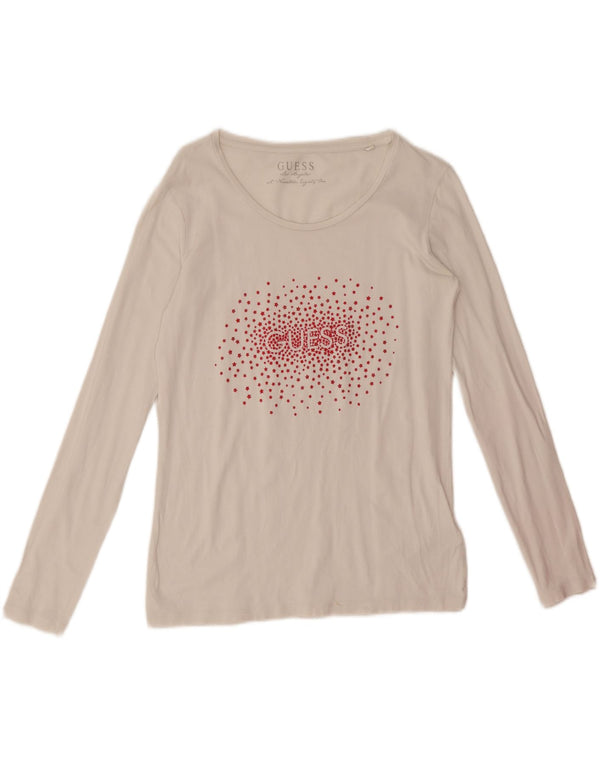 Guess Haut Graphique à Manches Longues pour Femme UK 14 Grand Coton Blanc