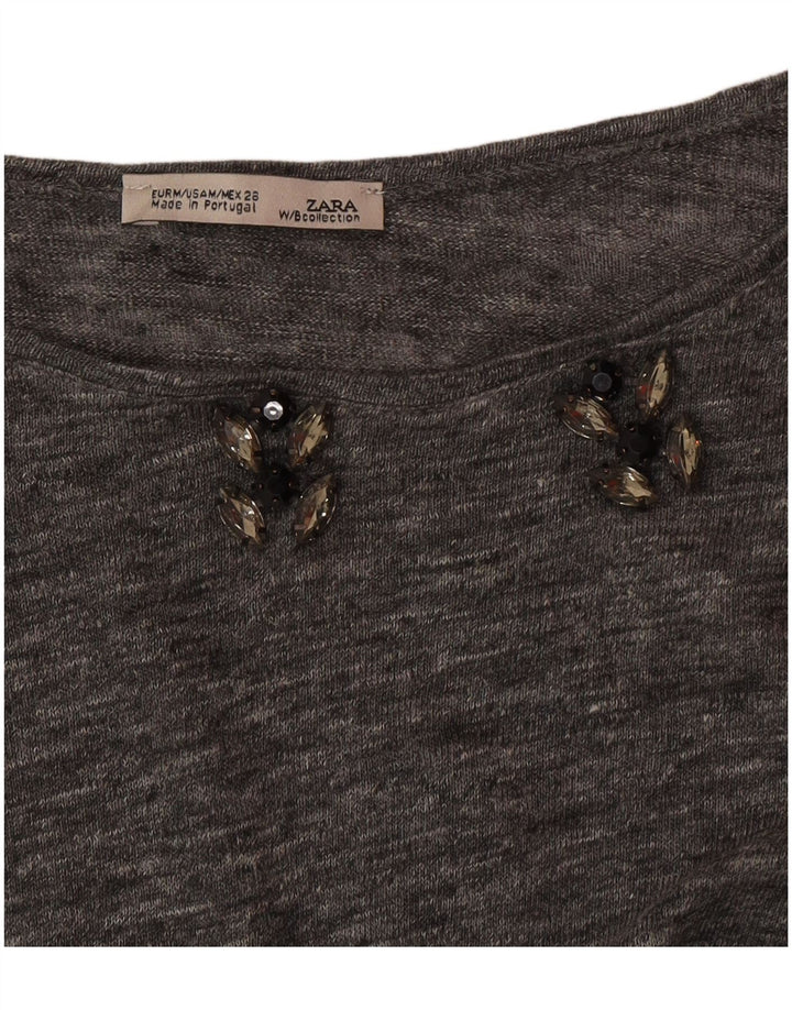 Zara Femme Top Manches 3/4 UK 14 Gris Moyen Moucheté
