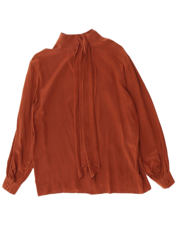 vintage Femmes Manches Longues Avant Cravate Chemise Blouse UK 16 Grand Marron