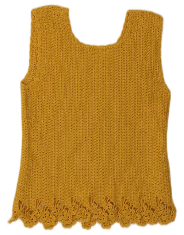 vintage Femmes Crochet Gilet Top UK 10 Petit Jaune