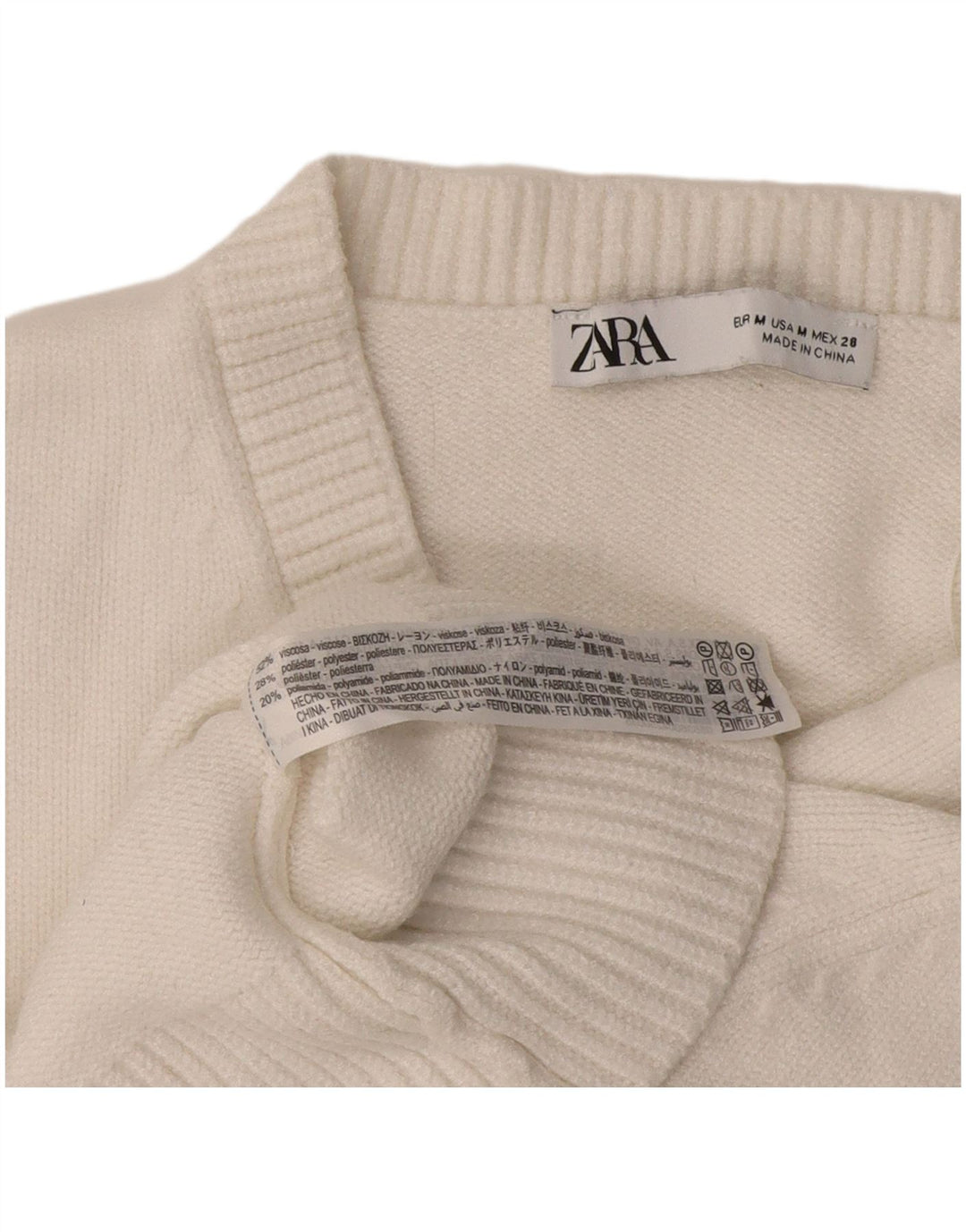 Zara Pull court à col en V pour femme UK 12 Viscose blanc moyen