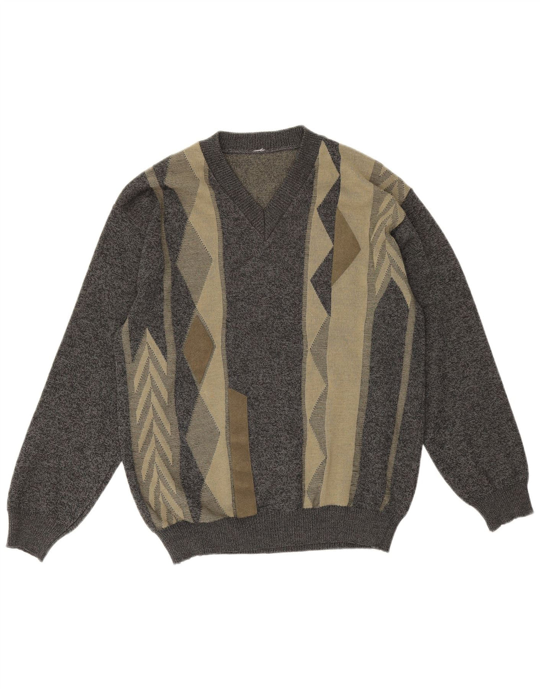 vintage Mens V-Col Jumper Pull Moyen Gris Géométrique Laine Mérinos