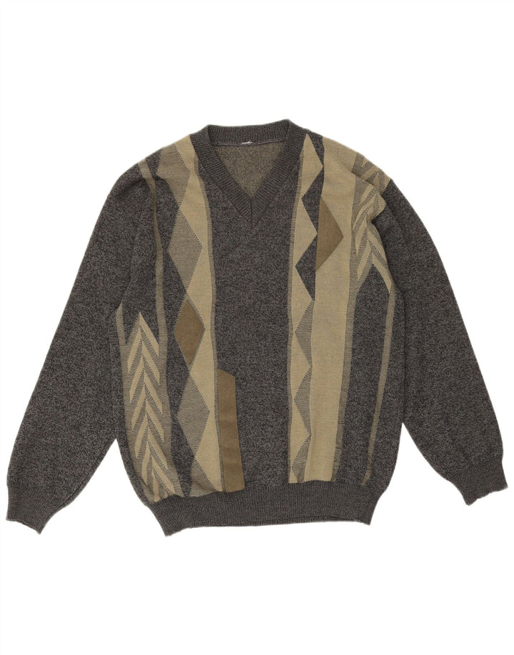 vintage Mens V-Col Jumper Pull Moyen Gris Géométrique Laine Mérinos