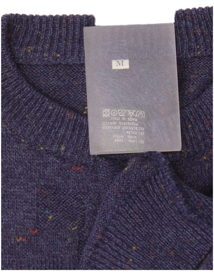 vintage Mens Crew Neck Jumper Pull Moyen Marine Bleu Géométrique Laine