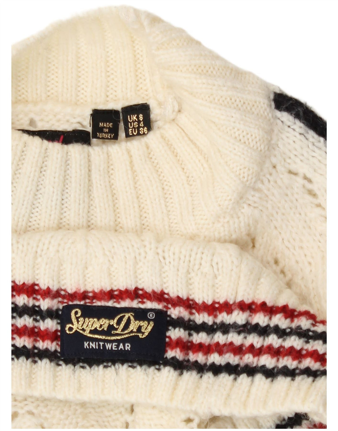 Superdry Pull à col roulé pour femme UK 8 Small Off White Rayé