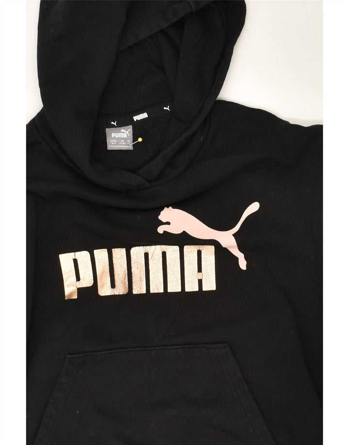 PUMA Girls Graphic Hoodie Jumper 11-12 Years Black Cotton | Vintage Puma | Thrift | Second-Hand Puma | Used Clothing | Messina Hembry 