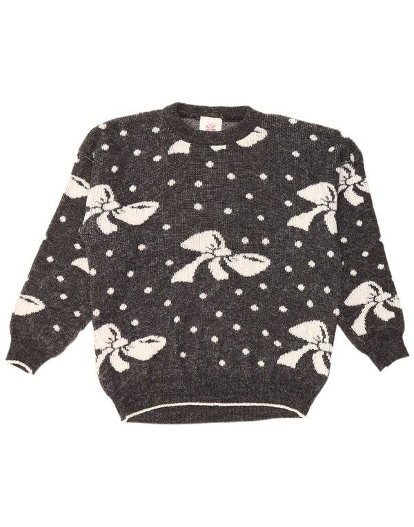 VINTAGE Femme Crew Neck Jumper Pull UK 16 Grand Gris Spotté Acrylique