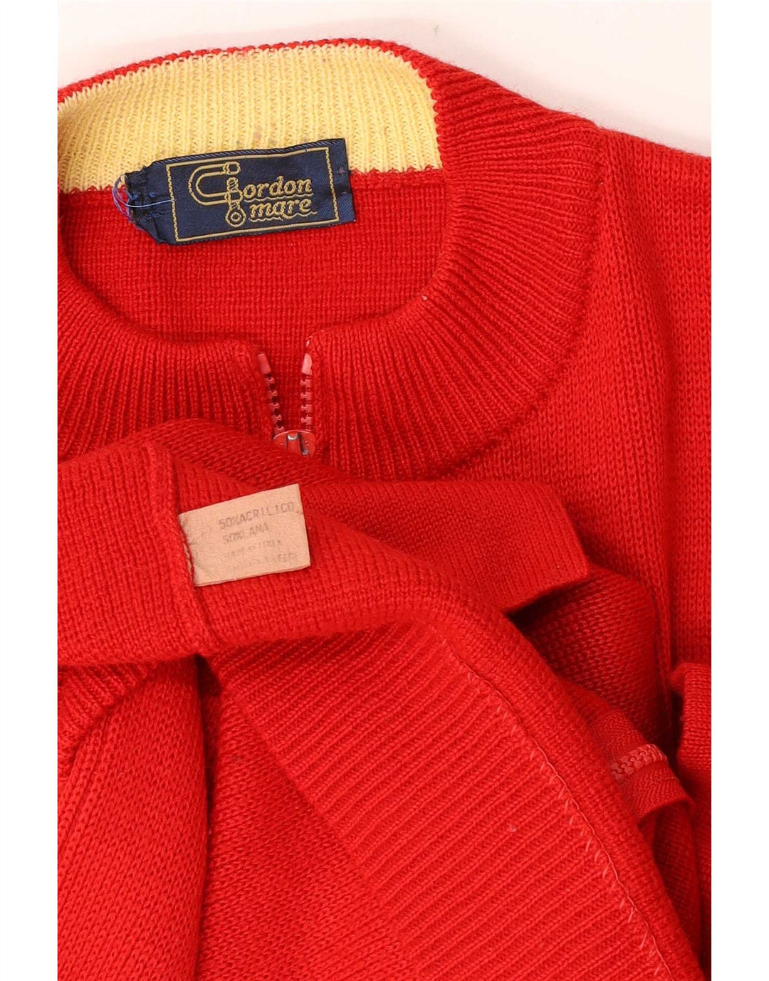 vintage Mens Full Zip Cardigan Pull Moyen Rouge Colourblock Acrylique
