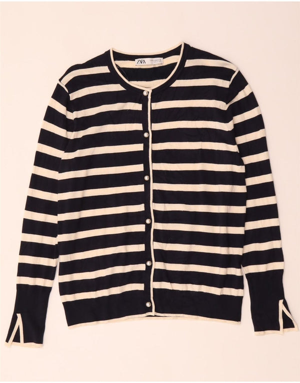 Zara Cardigan Femme Pull UK 20 2XL Bleu Marine Rayé Viscose
