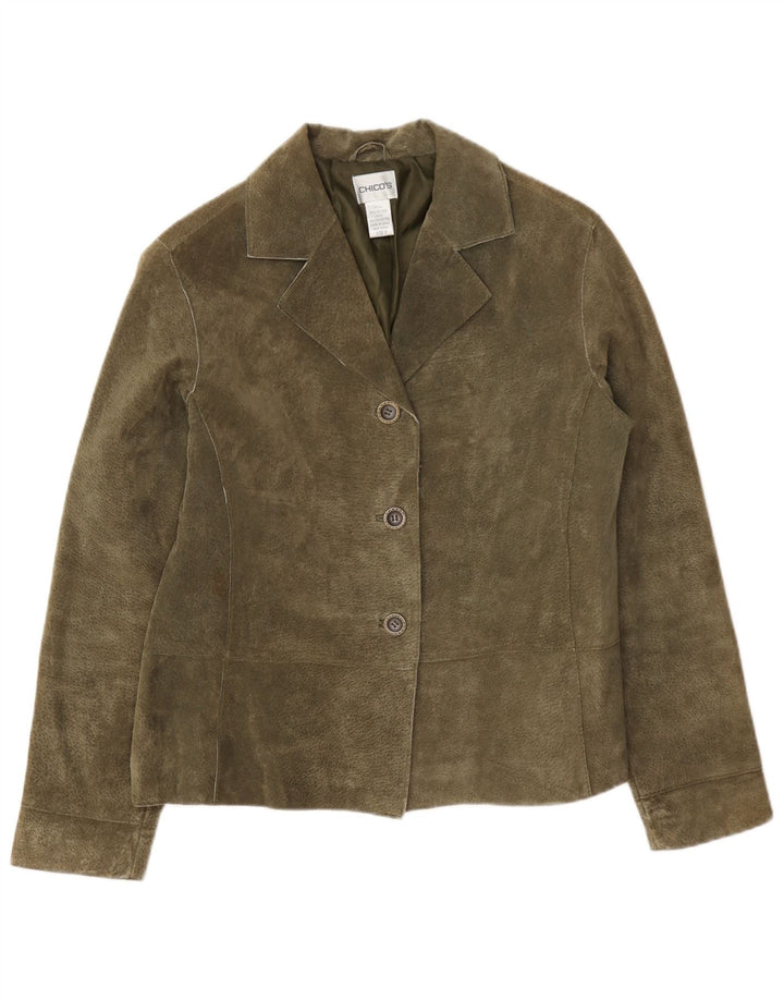 Chico's Veste blazer surdimensionnée en daim à 3 boutons pour femme US 0 XS Cuir kaki