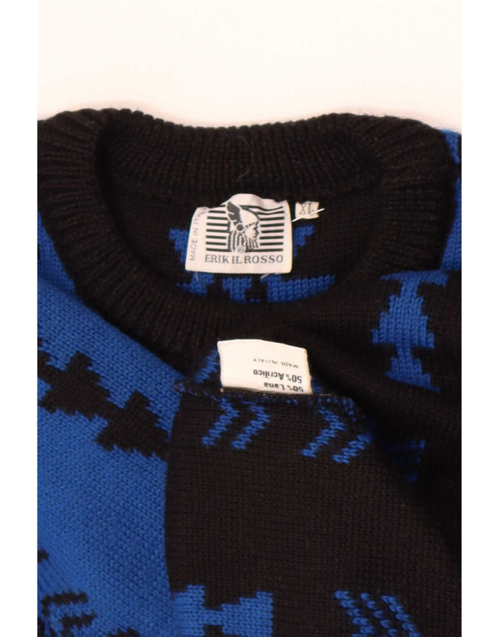 vintage Mens Crew Neck Jumper Pull XL Bleu Géométrique Laine
