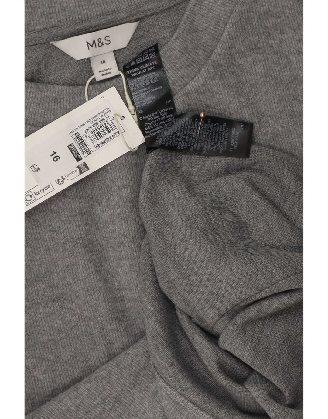 Marks & Spencer T-Shirt Femme Top UK 16 Large Gris Polyester