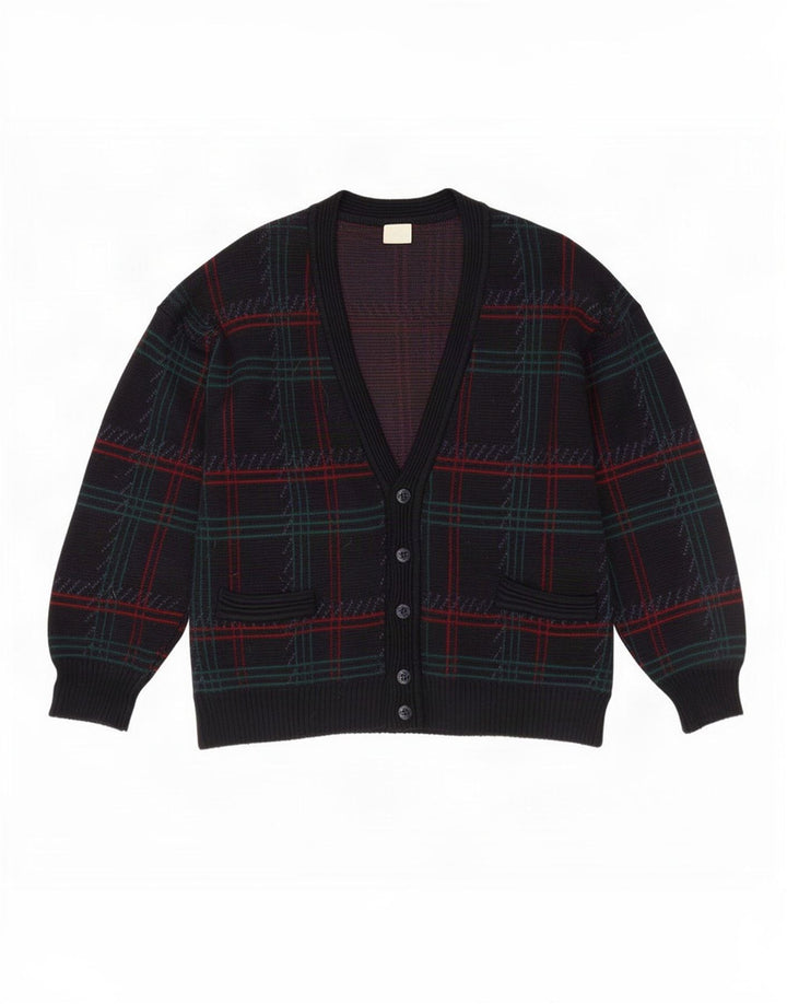 vintage Mens Cardigan Pull Grand Bleu Marine Check