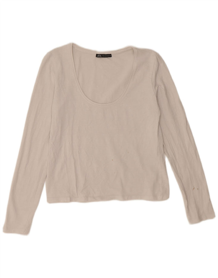 Zara Womens Crop Top Manches Longues UK 12 Moyen Blanc Coton