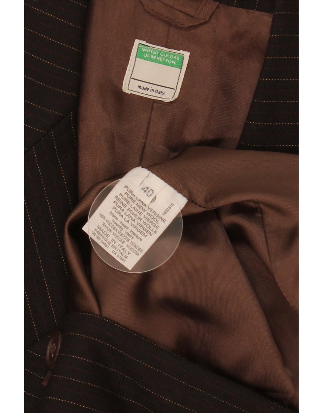 Benetton Veste Blazer 2 Boutons Femme IT 40 Petite Laine Vierge Marron À Fines Rayures