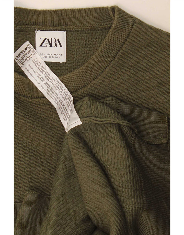 Zara Pull à col rond pour homme en coton kaki Large