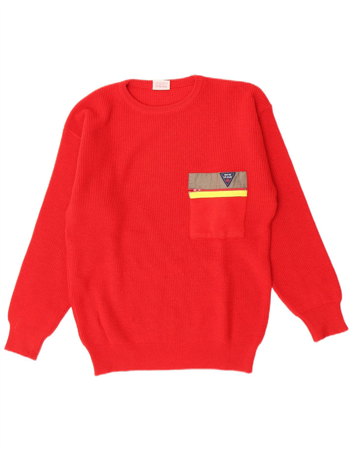 vintage Mens Crew Neck Jumper Pull Moyen Rouge Laine Vierge