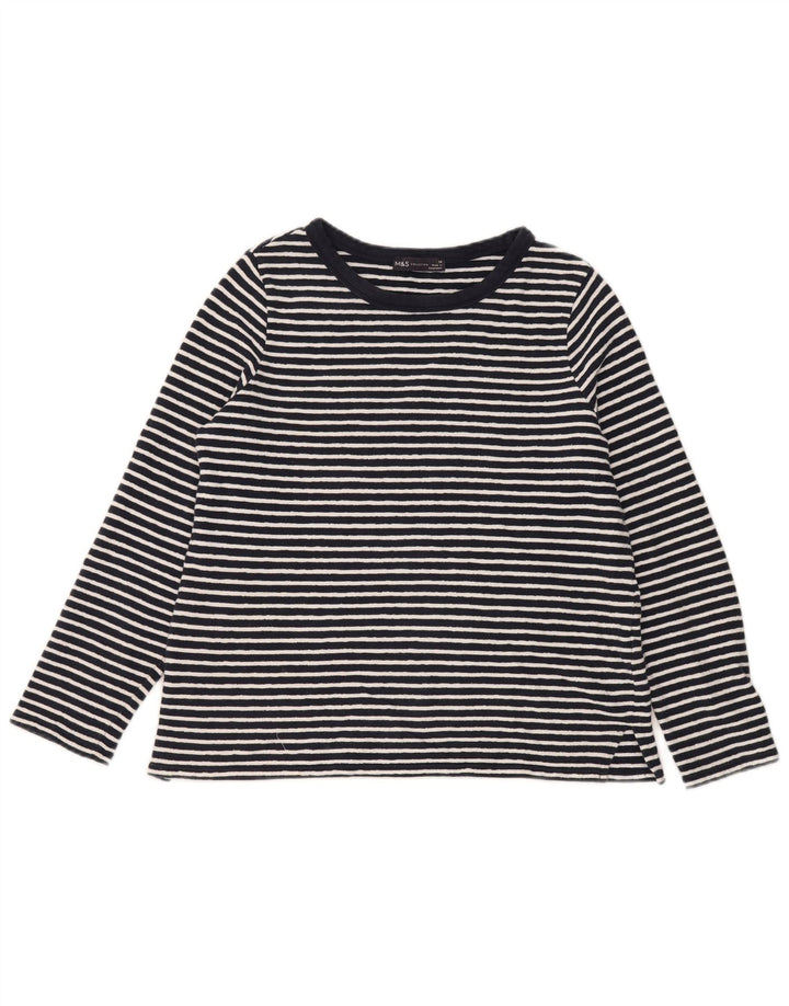 MARKS & SPENCER Haut Femme Manches Longues UK 44 Large Bleu Marine Rayé