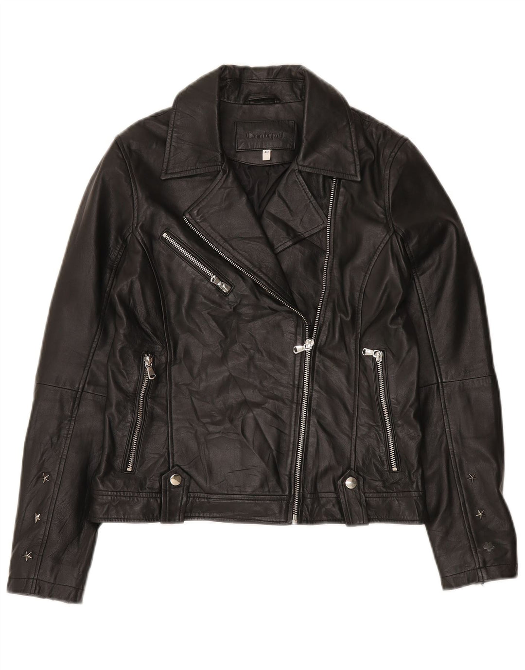 Conbipel Blouson Motard En Cuir Femme IT 40 Petit Cuir Noir