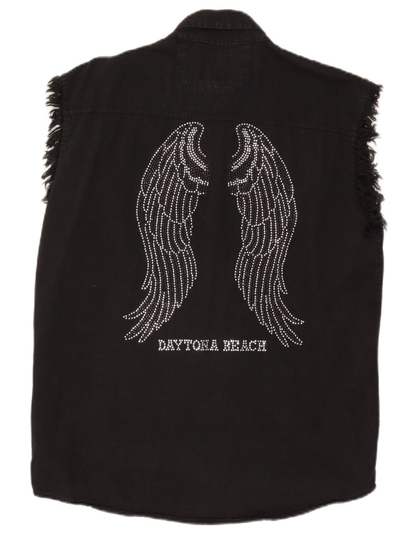 Bikers Chemise en jean sans manches graphique pour femme UK 16 Grand coton noir