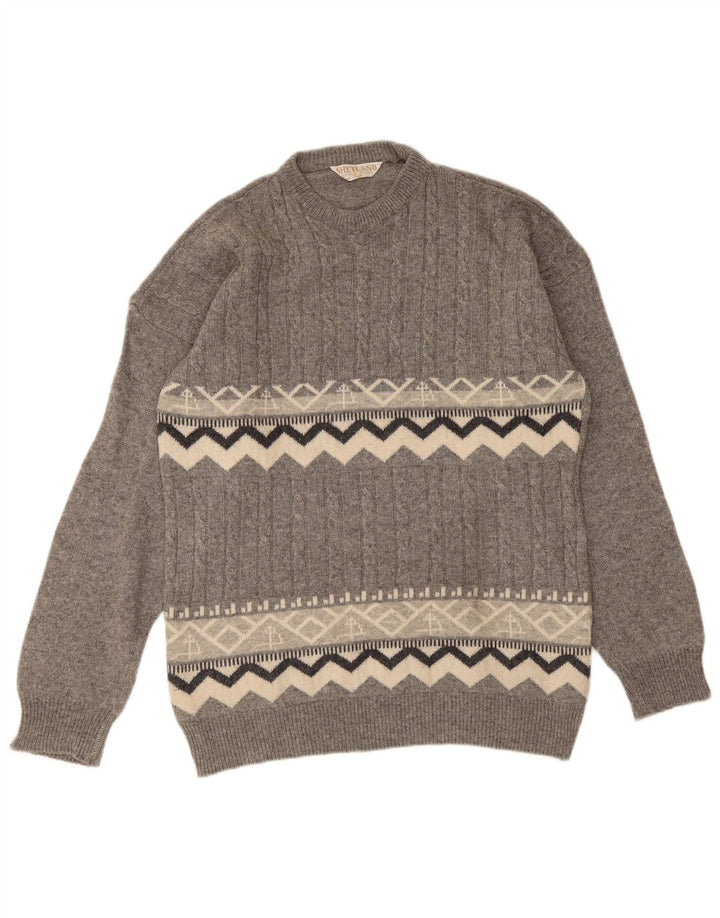 vintage Mens Crew Neck Jumper Pull Moyen Gris Géométrique Laine