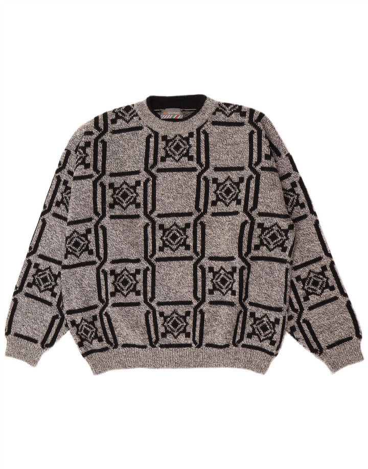 Stefanel Pull à col rond pour homme en laine géométrique grise