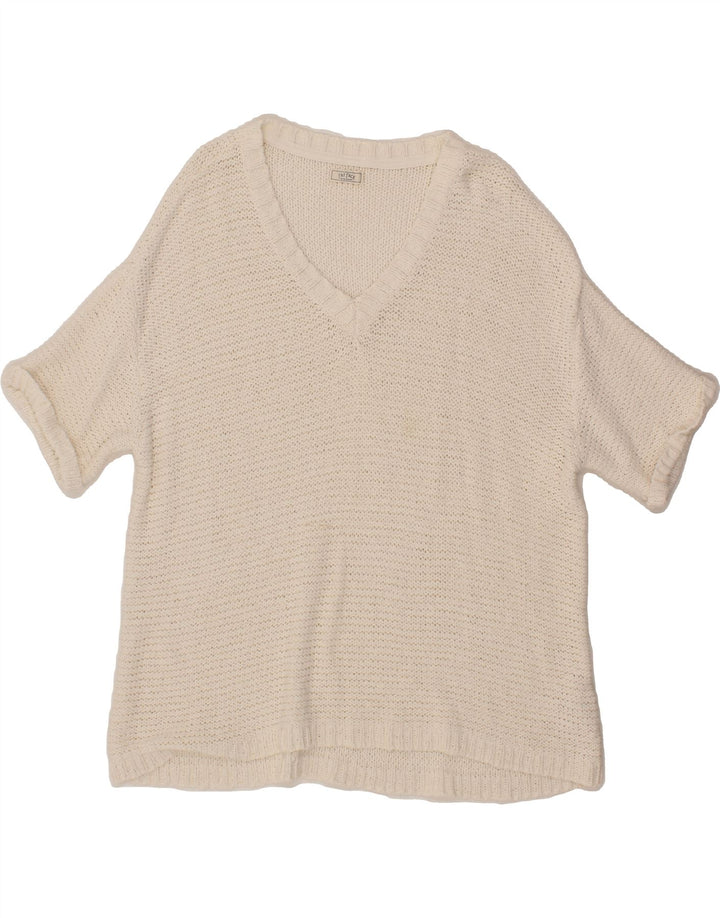 FAT FACE Womens Short Sleeve V-Neck Jumper Sweater UK 14 Medium White Vintage Fat Face and Second-Hand Fat Face from Messina Hembry 