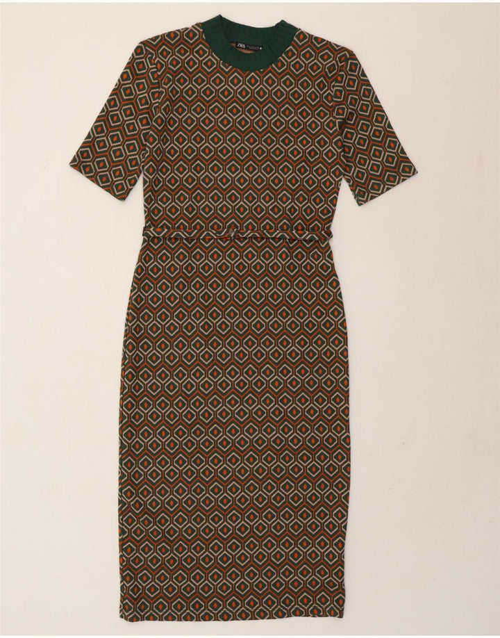 Zara Robe fourreau pour femme UK 10 Petit polyester géométrique vert