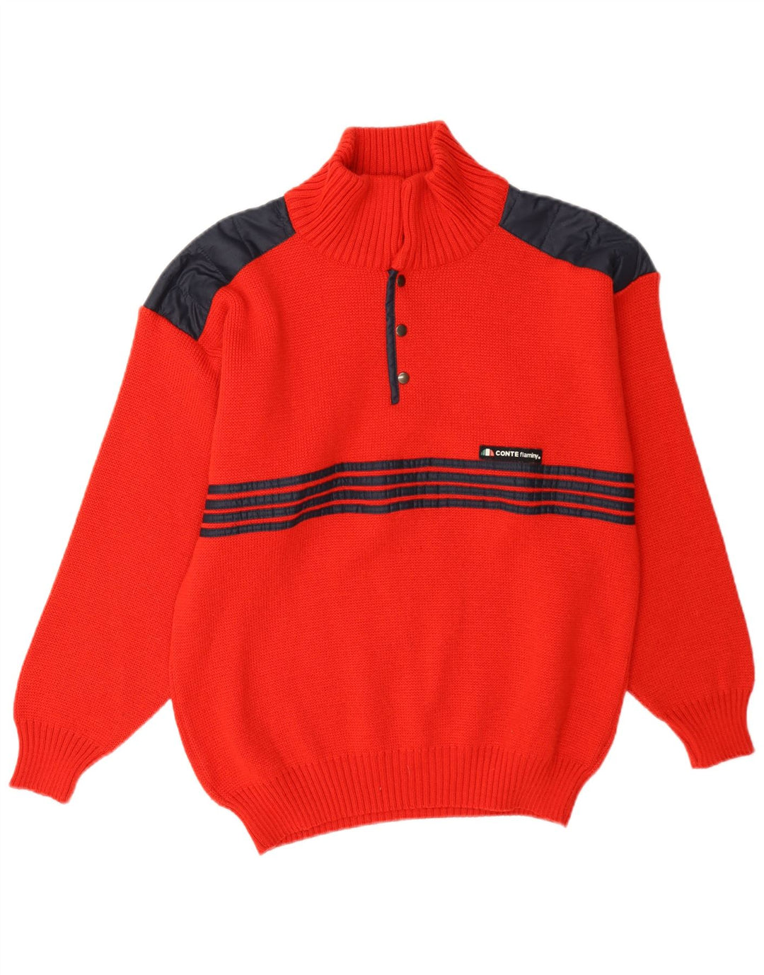 vintage Mens Button Neck Jumper Pull IT 48 Medium Red Colourblock