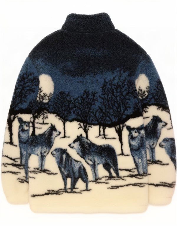 vintage Mens Graphic Fleece Jacket UK 40 Grand imprimé animal bleu marine
