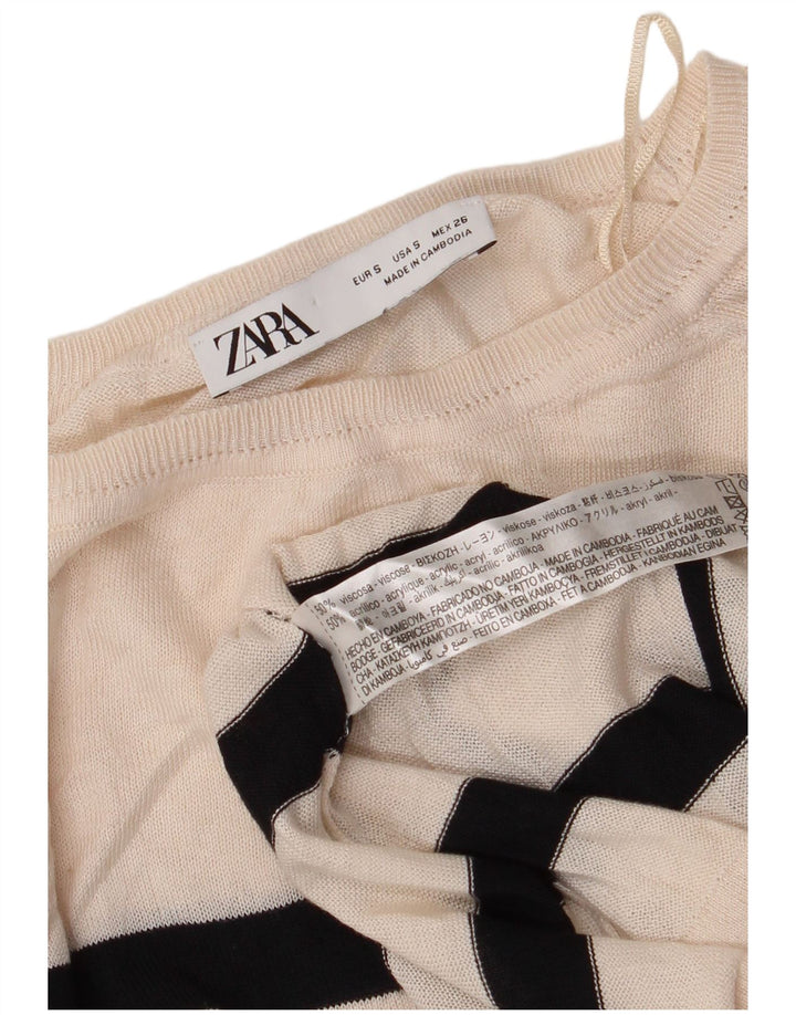 ZARA Pull court à col bateau pour femme UK 10 Petit blanc cassé rayé