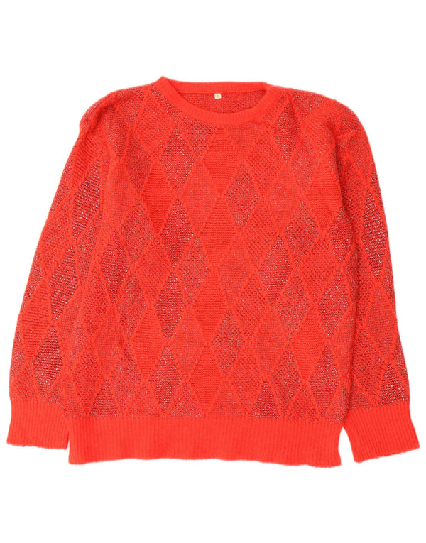 vintage Womens Crew Neck Jumper Sweater UK 10 Petit Argyle Rouge/Diamant