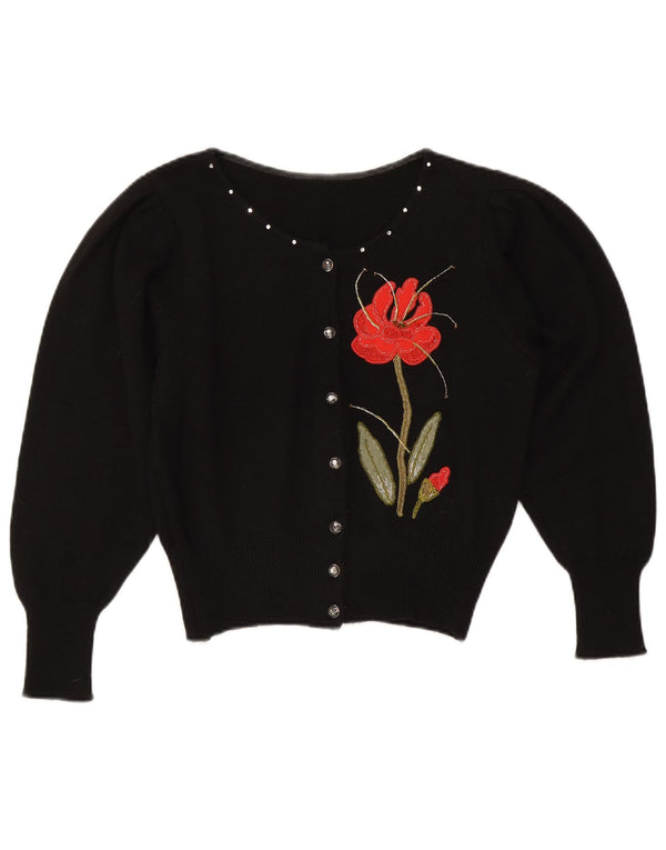 vintage Femmes Crop Cardigan Pull UK 14 Moyen Noir Floral