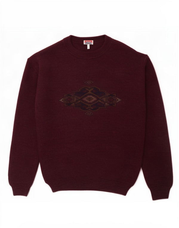 vintage Mens Crew Neck Jumper Sweater IT 52 Grande laine géométrique bordeaux