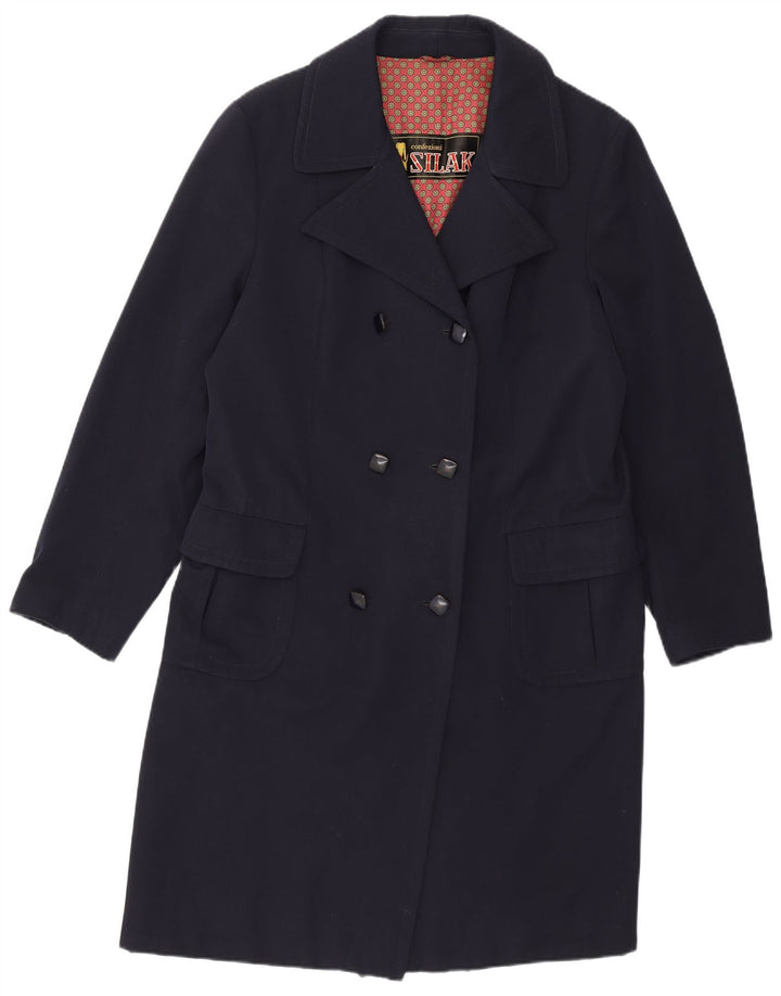 vintage Femme Double Breasted Coat UK 14 Moyenne Bleu Marine Laine Vierge