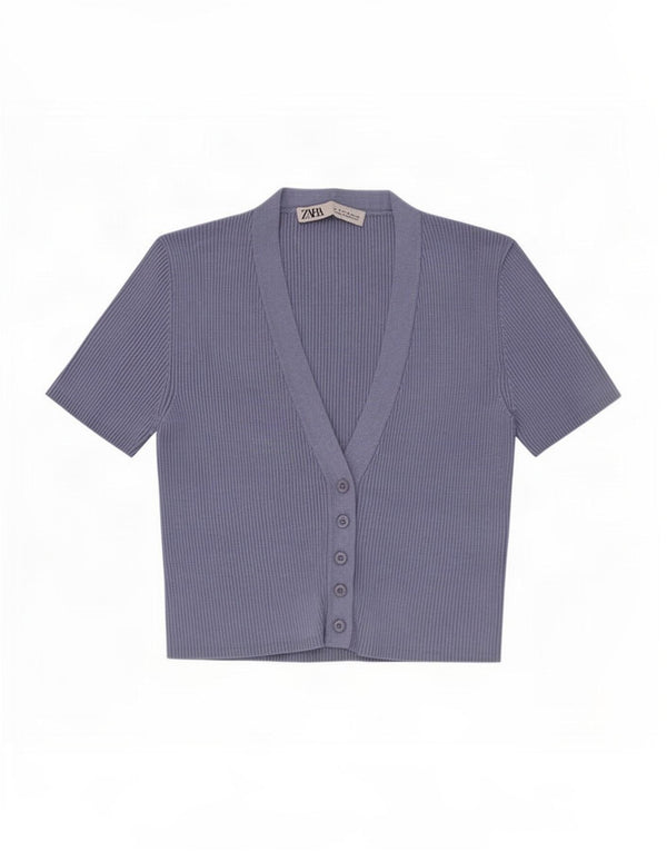 Zara Womens Crop Short Sleeve Cardigan Top UK 12 Bleu Moyen Viscose