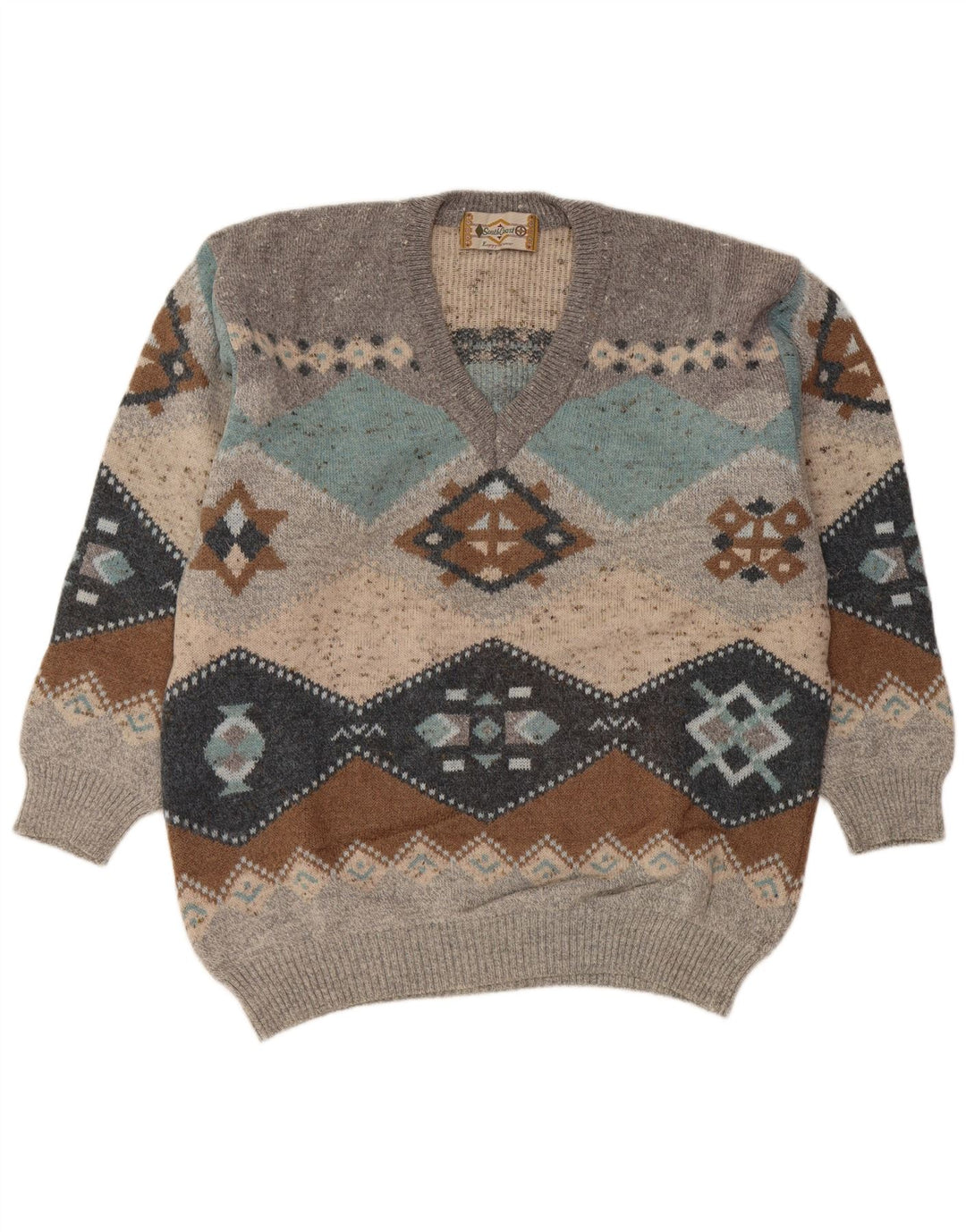 SOUTH COAST Pull col V pour homme IT 54 XL en laine Fair Isle gris